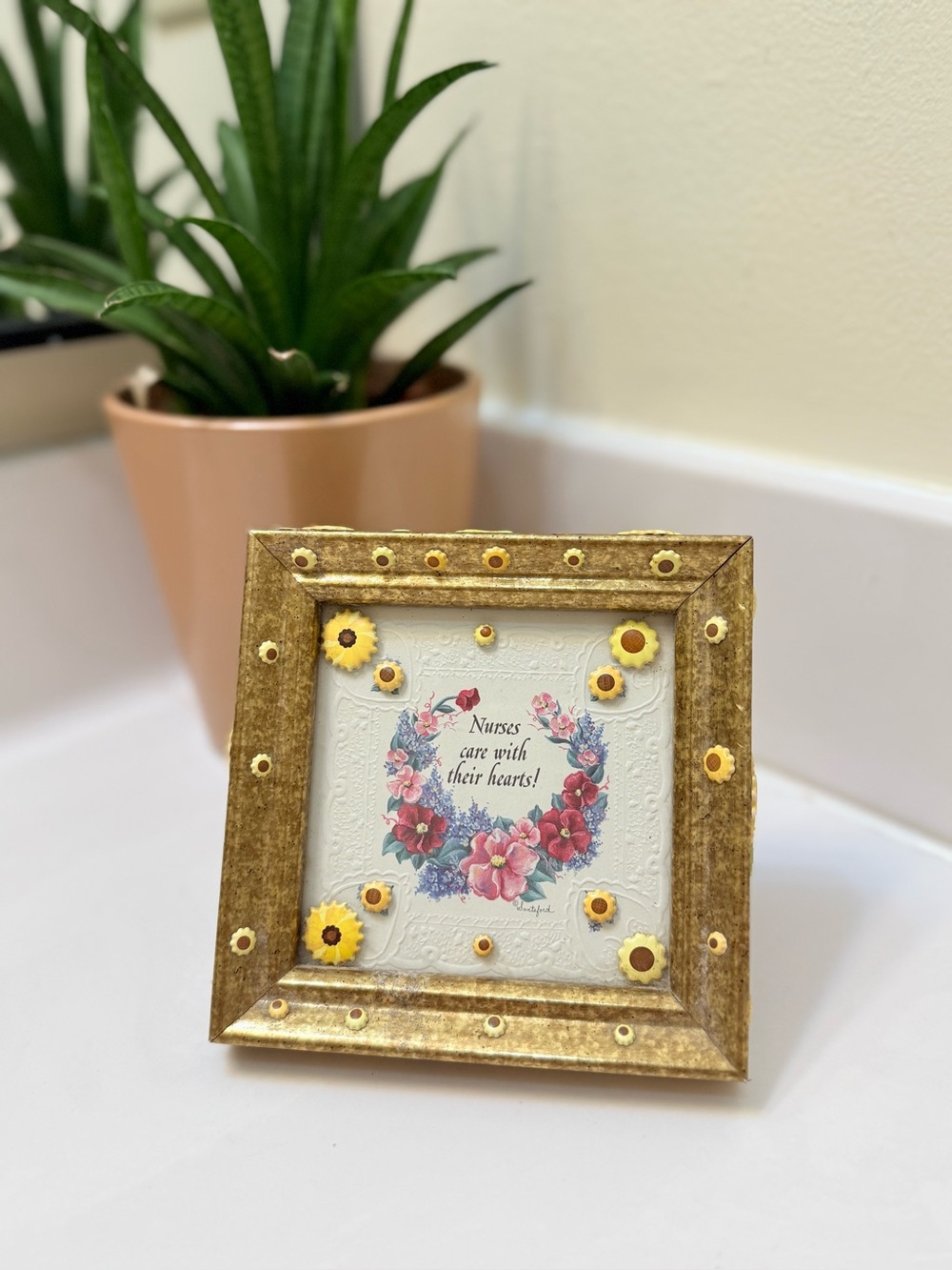 Gold Floral Accent Frame with Yellow Flower Details 4x4